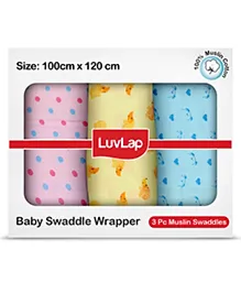 LuvLap 100% Cotton Muslin Baby Swaddle Set, 3pcs, Dots & Hearts Print, 0-18M, Multicolour