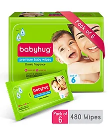 Babyhug Premium 98% Water Baby Wet Wipes with Moisturising Aloe Vera Pack Of 6 - 80 Piece Each