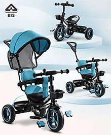 Babyhug Plug & Play Stallion Tricycle with Parental Push Handle & Foldable Canopy - Teal Blue| Foldable Footrest| Non Slip Pedal| High Backrest| Storage Basket| Removable Safety Rail| Cushion Seat