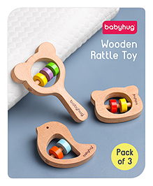 Babyhug Wooden Teething Rattle Toy - Pack of 3 | Safe Wooden Teethers & Rattles For Babies | Eco-Friendly & Helps Soothe Teething Pain While Improving Grip Skills | Multicolor | BIS Certified