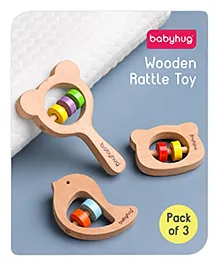 Babyhug Wooden Teething Rattle Toy - Pack of 3 | Safe Wooden Teethers & Rattles For Babies | Eco-Friendly & Helps Soothe Teething Pain While Improving Grip Skills | Multicolor | BIS Certified