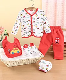 Babyhug 100% Cotton Clothing Gift Set Car Theme Red & White - Pack of 5