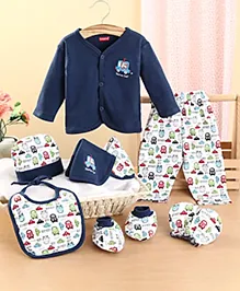 Babyhug 100% Cotton Clothing Gift Set Car Theme Blue & White - Pack of 8