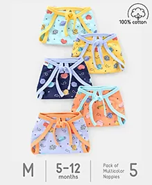 Babyhug Interlock Dyed Printed Cloth Nappies Medium Set of 5 - Multicolour