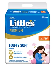 Little's Premium Baby Diapers L Size (Large) Pants Style | 9-14 kg | 62 Count - Pack of 1 | Super Jumbo FluffySoft Baby Diaper with Leakage Guard, Wetness Indicator & 12 Hours Absorption