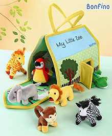 Bonfino Premium My Little Zoo House with Carry Handle| 7 Jungle Safari Plush Figurines Toys| Lion, Parrot, Crocodile, Elephant, Monkey, Giraffe, Zebra| Pretend Play| Education and Montessori Learning Toy| BIS Certified| Gifting Toy