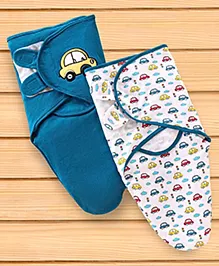 Babyhug 100% Cotton Swaddle Wrapper Car Theme Pack of 2 - Blue & White