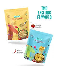 Timios No-Maida Millet Instant Noodles | Tomato Flavored & Masala Flavored | Not Fried | No MSG | No Preservatives | No Artificial Colors & Flavors | No Trans Fat & Cholesterol | Pack of 2 | 190 g Each