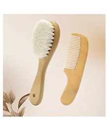 Zikku Natural Goat Bristles Hair Brush and Wooden Comb Set for Babies and Toddlers - Brown
