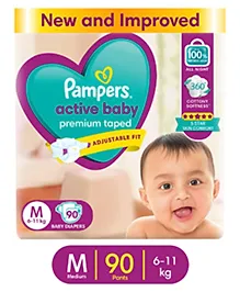 Pampers Active Baby Taped Diapers, Medium size diapers, (M) 90 count, taped style custom fit