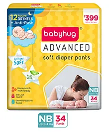 Babyhug Advanced Pant Style Diaper New Born (NB) - 34 Pieces, Honeycomb Technology, Cottony Soft Diaper with 3D Leak Guard, Latex & Alcohol Free, Anti-rash & Gentle