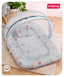 Babyhug Cotton Bedding Set with Mosquito Net Bunny Print- Blue