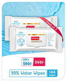 Babyhug Advanced 99% Pure Water Unscented Baby Wipes Pack of 2 - 72 Pieces Each