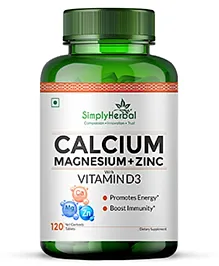 Simply Herbal Organics Calcium Magnesium Zinc & D3 Supplement Promotes Strong Bones & Joints - 120 Tablets