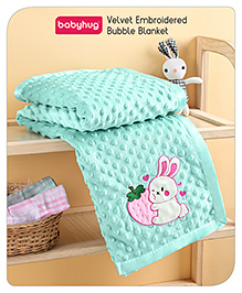 Babyhug Velvet Bunny Embroidered Lightweight Bubble Blanket - Sea Green