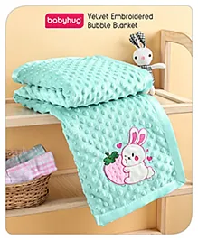 Babyhug Velvet Bunny Embroidered Lightweight Bubble Blanket - Sea Green