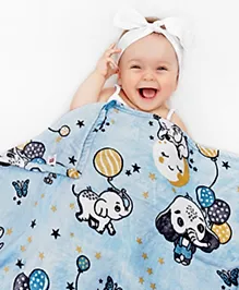 Babyhug Lightweight Single Ply Mink Blanket Elephant Party Print - Sky Blue