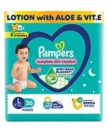 Pampers Complete Skin Comfort Pants, Anti-rash blanket, Lotion with Vitamin E & Aloe Vera, Large size baby Diapers, (LG) 36 Count, 9-14 kg