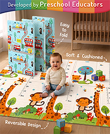 Intelliskills 2 in 1 Play Mat Jungle & Roadmap Theme-Multicolour | 6.5 x 4.5 ft, 0.6 cm Thick | Reversible, Foldable,Textured & Waterproof | Double-sided & Soft |  Educator Recommended | For Gifting 
