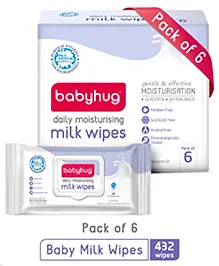 Babyhug Milk Daily Moisturising Baby Wet Wipes 98% Water Pack of 6   - 72 Pieces Each