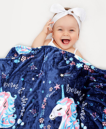 Babyhug Premium Unicorn Print Coral Blanket- Navy Blue