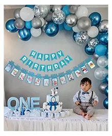 Special You One Year Baby Happy Birthday Decoration Items kit for Boys with Metallic and Pastel Balloons with Confetti Balloons  HBD Banner with Monthly Banner-Blue,White and sliver-Pack of 63