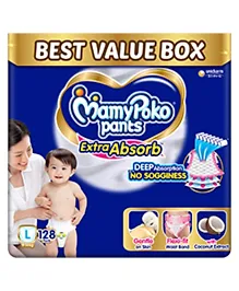 MamyPoko Pants Extra Absorb Baby Diapers, Large (L size) | 9-14 kg | 128 Count |Deep Sleep Diapers| Soft gentle fit |Deep Absorbent Crisscross | skin friendly with coconut oil |