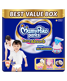MamyPoko Pants Extra Absorb Baby Diapers, Extra Large (XL size) | 12-17 kg | 104 Count |Deep Sleep Diapers| Soft gentle fit |Deep Absorbent Crisscross | skin friendly with coconut oil |