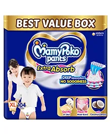 MamyPoko Pants Extra Absorb Baby Diapers, Extra Large (XL size) | 12-17 kg | 104 Count |Deep Sleep Diapers| Soft gentle fit |Deep Absorbent Crisscross | skin friendly with coconut oil |