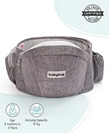 Babyhug Independent 2-in-1 Hip Seat Carrier: Front & back carrying positions, Padded seat for comfort, Adjustable waist belt, Side storage pockets, Supports up to 15kg, Easy weight distribution for parents comfort- Grey