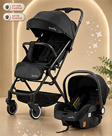 Bonfino Carry Cruise Travel System - 3-in-1 Stroller, Car Seat, Carry Cot with Linen Fabric, Adjustable Canopy - Black| Reclining Backrest and Adjustable Foot Rest| Concealed Link Brake