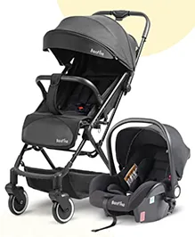 Bonfino Carry Cruise Travel System - 3-in-1 Stroller, Car Seat, Carry Cot with Linen Fabric, Adjustable Canopy - Black| Reclining Backrest and Adjustable Foot Rest| Concealed Link Brake