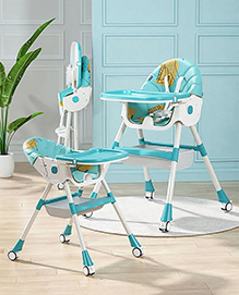 High Chair with Wheels and Printed Cushion - Blue| 5 Point Harness| Wheels with Lock| Compact Fold| Removable Double Food Tray| Reclining Backrest