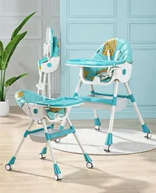 High Chair with Wheels and Printed Cushion - Blue| 5 Point Harness| Wheels with Lock| Compact Fold| Removable Double Food Tray| Reclining Backrest