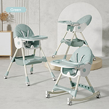 High Chair with Rocking Function and Cushioned Seat - Green| 5 Point Harness| Wheels with Lock| Compact Fold| Removable Double Food Tray| Reclining Backrest