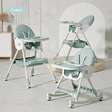 High Chair with Rocking Function and Cushioned Seat - Green| 5 Point Harness| Wheels with Lock| Compact Fold| Removable Double Food Tray| Reclining Backrest