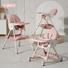 High Chair with Rocking Function and Cushioned Seat - Pink| 5 Point Harness| Wheels with Lock| Compact Fold| Removable Double Food Tray| Reclining Backrest