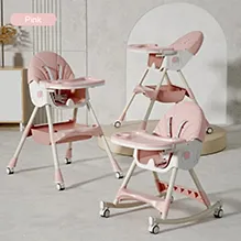 High Chair with Rocking Function and Cushioned Seat - Pink| 5 Point Harness| Wheels with Lock| Compact Fold| Removable Double Food Tray| Reclining Backrest