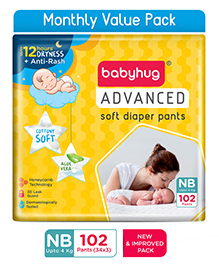 Babyhug Advanced Pant Style Diaper New Born (NB) Size Monthly Box Pack - 102 Pieces, Honeycomb Technology, Cottony Soft Diaper with 3D Leak Guard, Latex & Alcohol Free, Anti-rash & Gentle