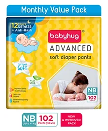 Babyhug Advanced Pant Style Diaper New Born (NB) Size Monthly Box Pack - 102 Pieces, Honeycomb Technology, Cottony Soft Diaper with 3D Leak Guard, Latex & Alcohol Free, Anti-rash & Gentle