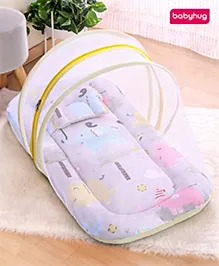 Babyhug Cotton Mattress Set with Mosquito Net Elephant Print - Beige