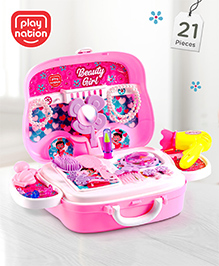 Play Nation Premium Colourful 22 Pcs Makeup Beauty Suitcase on Wheels Play Set For 2-6 Years Kids| Roleplay Pretend Toy Portable Hair Styling Cosmetics Gifting Toy |BIS Certified