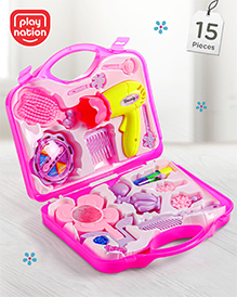 Play Nation Premium 15 Pcs Makeup Kit Beauty Set for Kids| Pretend to Play Hair Styling Make up Accessories Cosmetics Kit and Beauty Set with Foldable Suitcase For 2-6 Years Kids| Imaginative Play Learning and Educational Gifting Toy| BIS Certified
