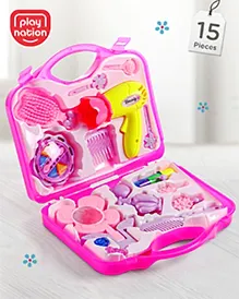 Play Nation Premium 15 Pcs Makeup Kit Beauty Set for Kids| Pretend to Play Hair Styling Make up Accessories Cosmetics Kit and Beauty Set with Foldable Suitcase For 2-6 Years Kids| Imaginative Play Learning and Educational Gifting Toy| BIS Certified