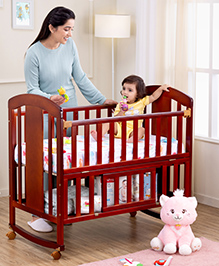 Babyhug Florence 3 in 1 Rocking Cot Cum Junior Bed  Cherry| Solid Pinewood| Adjustable Height| Storage Space| Foldable Side Rail| Teething Rails| Wheels with Lock| Convert to Study Table| Mosquito Net