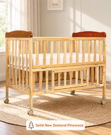 Babyhug Hamilton Wooden Cot with Mosquito Net & Storage Space - Natural Finish| Adjustable Height| Wheels with Lock| Openable Side Rail| Openable Headboard| New Zealand Pinewood