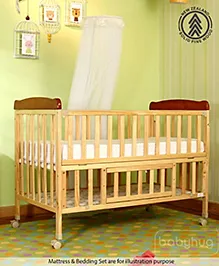 Babyhug Hamilton Wooden Cot with Mosquito Net & Storage Space - Natural Finish| Adjustable Height| Wheels with Lock| Openable Side Rail| Openable Headboard| New Zealand Pinewood