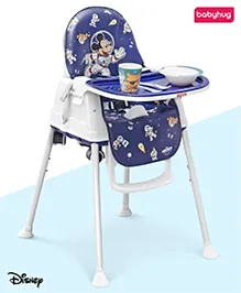 Babyhug Disney Mickey & Friends Space Theme 3 in 1 Comfy High Chair - Blue| High Chair, Feeding Chair & Booster Chair| Adjustable Double Food Tray| Removable PU Leather Seat| Safety Harness| Removable Footrest