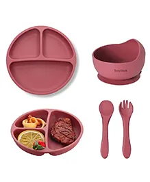 TONY STARK 4 Pcs Silicone Baby Feeding Set, BPA Free & Microwave Safe Dinner Tableware Kit - Feeding Bowl, Suction Plate, Spoon, Fork for Kids, Toddler (Dusty Pink)