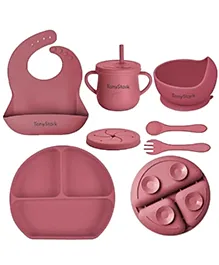 TONY STARK 6 Pcs Silicone Baby Feeding Set, BPA Free & Microwave Safe Dinner Tableware Kit - Feeding Bowl, Suction Plate, Cup, Spoon, Fork & Bib for Kids, Toddler (Pink)
